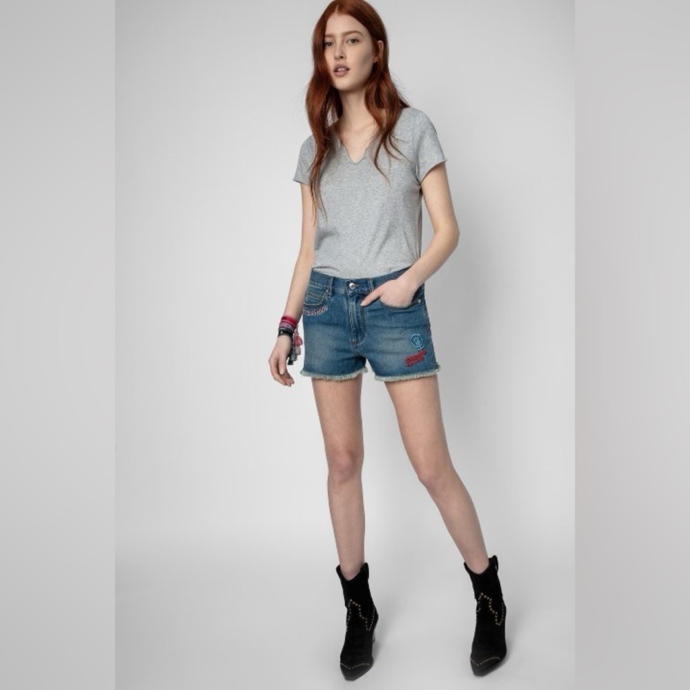 Zadig & Voltaire Blue Denim Shorts with Pink & Red Embroidery